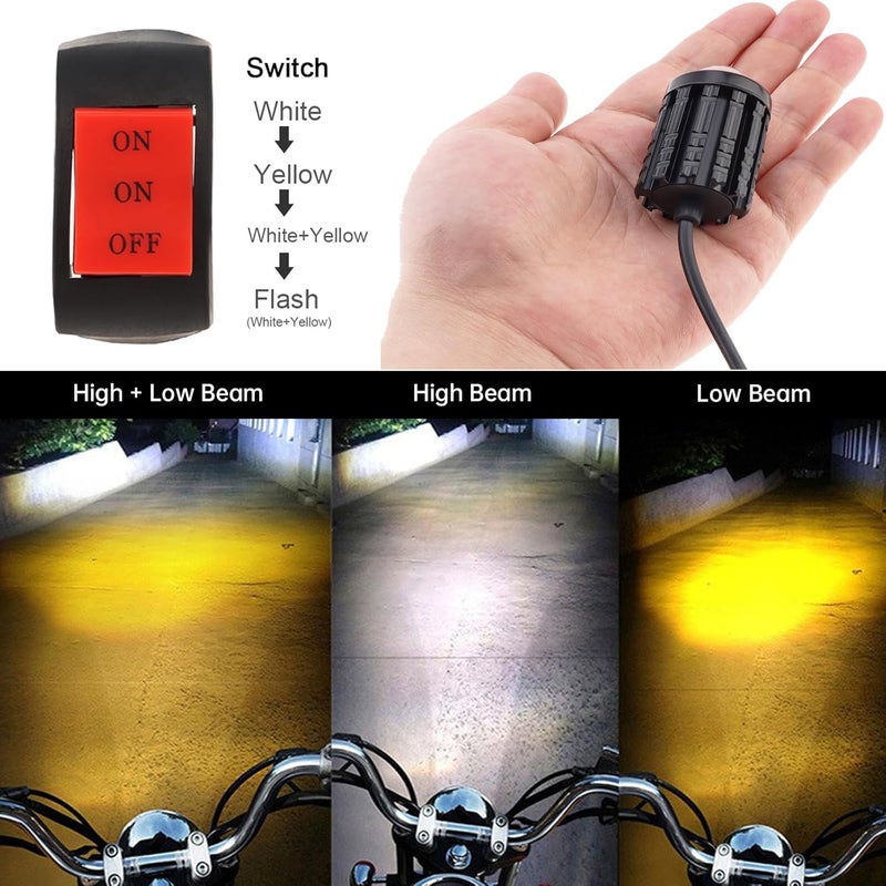 Windance 2pcs 32W LED Motorcycle Headlight with Switch, Yellow White Dual Color Hi/Lo Beam for Motorcycle, 2400LM 3000K 6000K Crash Bar Front Fork Spotlight (Spotlights+Brackets (2 pack)) - Image 5
